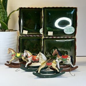 4- Vintage 1983 Enesco Rocking Horse Christmas Ornaments in Original Box 3” X 4”